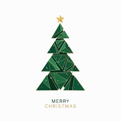 Geometric green Christmas tree with gold accents and star on white background with Merry Christmas text