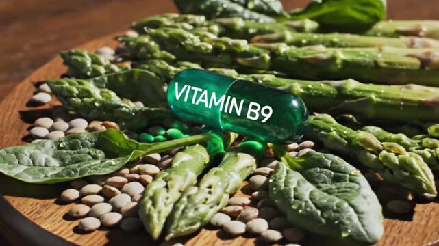 Green Vitamin B9 Capsule on Asparagus, Lentils, and Spinach