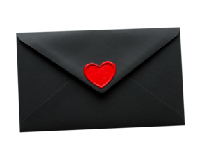 Black envelope sealed with a red heart wax stamp png isolated on transparent background