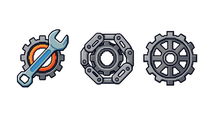Pixel art gear icons with wrench and mechanical tools for digital design