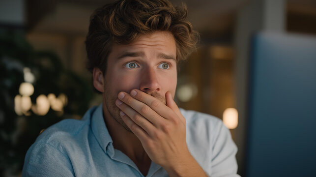 A remote worker at a home desk reacting emotionally after receiving job promotion news on a video call, covering their mouth in disbelief — professional success, career uplift, and authentic - Powered by Adobe
