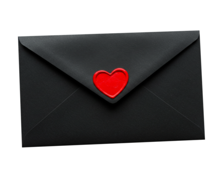 Black envelope sealed with a red heart wax stamp png isolated on transparent background