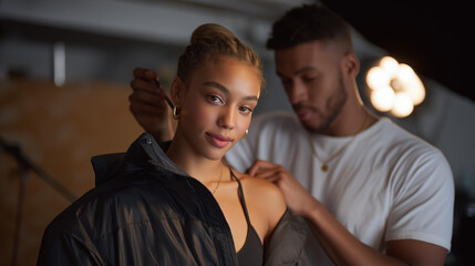 A behind-the-scenes snapshot of a fashion photoshoot with stylists fixing wardrobe details, makeup artists applying final touches, and assistants adjusting reflectors — high-end editorial