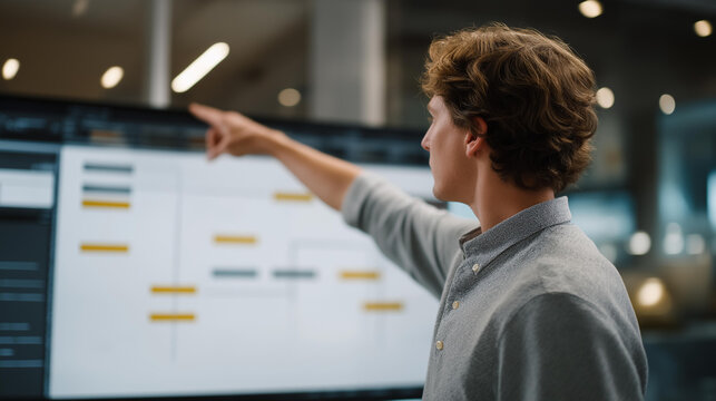 A software engineer debugging algorithm sequences in a structured flowchart, pointing to logic nodes and decision paths — systems architecture, problem-solving engineering, and digital workflow