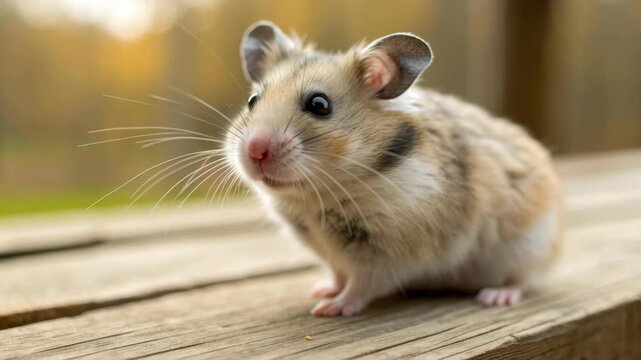Fluffy hamster wooden bench small rodent with whisker detail soft fur outdoor bokeh shallow depth of field natural light small mouse surprised open