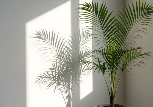 Green palm plant casting shadow on white wall with sunlight