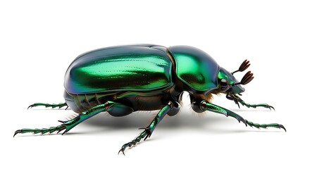 Iridescent Green Dung Beetle - Macro Studio Shot on White Background.