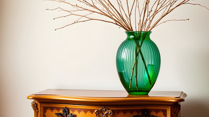 A stunning transparent green glass vase with an elegant curved shape and subtle ridges, filled with an arrangement of delicate dried branches in varying shades of beige and brown