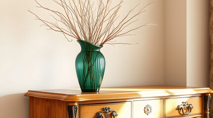 A stunning transparent green glass vase with an elegant curved shape and subtle ridges, filled with an arrangement of delicate dried branches in varying shades of beige and brown