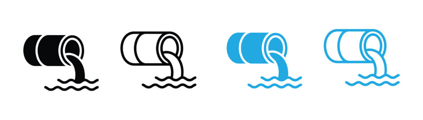 Versatile icons show liquid draining from pipes into water, perfect for concepts of flow, drainage, and environmental themes. Clean, modern design.