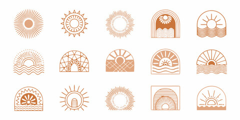 Set of boho sun and nature inspired logos and design elements on white background