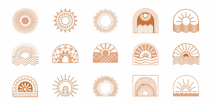 Set of boho sun and nature inspired logos and design elements on white background