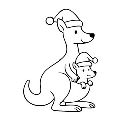 Dibujo sencillo con líneas de canguro hembra con su cría en la bolsa con sombrero de Santa Claus para tarjetas y felicitaciones de Navidad