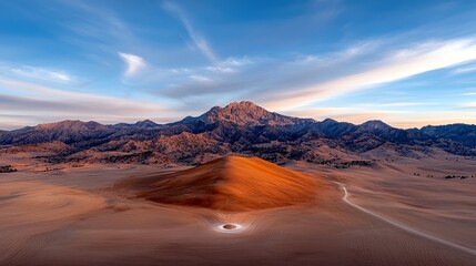 A vast desert landscape bathed in the warm light of sunrise, featuring a striking sand dune in the foreground and rugged mountains in the distance.