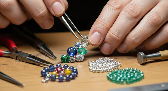 Jeweler meticulously crafting intricate gemstone jewelry with precision tools