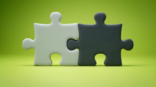 Two interlocking puzzle pieces, one white, one dark gray, green background