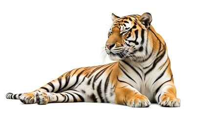 Obraz premium Majestic Bengal Tiger Resting, Isolated on White Background, Striking Portrait.