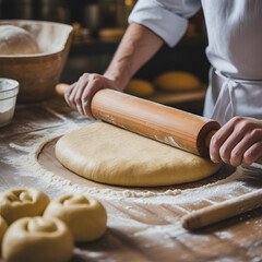 A bustling baker's table where work is in full swing, with a thick layer of white flour scattered across its wooden surface, a long wooden rolling pin laying on top of a large mound of unset dough