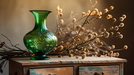 A stunning transparent green glass vase with an elegant curved shape and subtle ridges, filled with an arrangement of delicate dried branches in varying shades of beige and brown