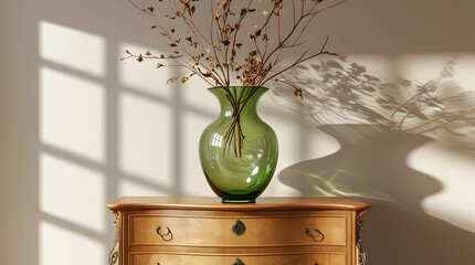 A stunning transparent green glass vase with an elegant curved shape and subtle ridges, filled with an arrangement of delicate dried branches in varying shades of beige and brown