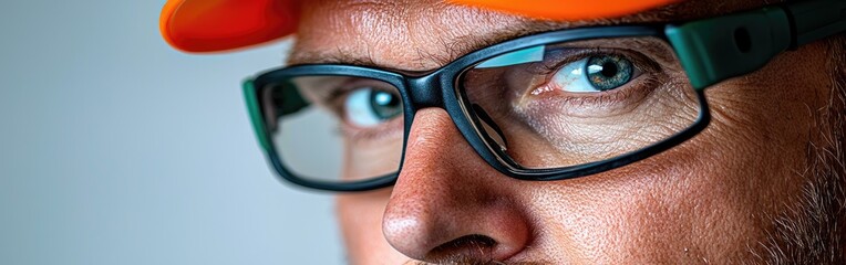 A close-up portrait of a man wearing glasses and an orange cap, showcasing his intense expression and captivating blue eyes.
