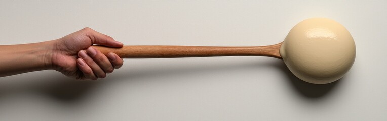 A hand holding a large wooden spoon with a round bowl filled with creamy dough on a neutral background.