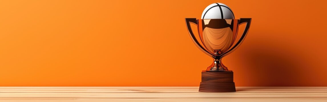 A gleaming trophy displayed on a wooden surface against a vibrant orange backdrop.