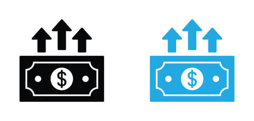 Money growth icon. Coin with increase arrow vector illustration. Profit and revenue rising up graph symbol. Finance and investment sign. Business earnings pictogram. Coin with arrow growth concept.