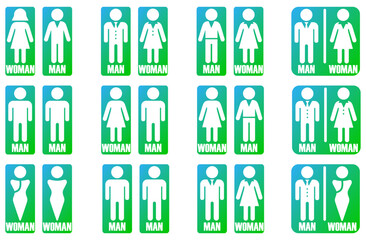 Clean set of man and woman restroom icons showing male and female toilet symbols in simple signage style. Includes multiple bathroom sign variations with clear human silhouettes for public facilities.