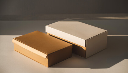 Two rectangular cardboard boxes, one brown and one cream-colored, sit on a flat surface bathed in soft light.