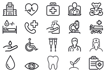 Clean healthcare line icon set showing hospital, doctor, nurse, treatment, hygiene, emergency, medicine and wellness elements, ideal for medical services, clinics, hospital, medical, healthcare