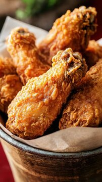 Pile of crispy fried chicken wings seasoned with spices presented in a metal bucket lined with brown paper against a
