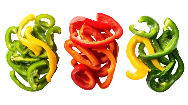 Three colorful sliced bell peppers arranged vertically isolated on transparent background