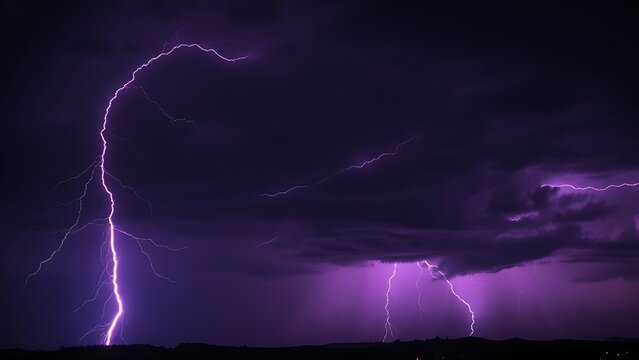 Dramatic purple lightning illuminating a stormy night sky, capturing raw natural energy.