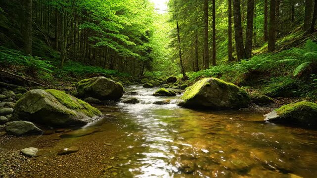 Serene forest stream flowing through moss-covered rocks surrounded by lush green trees on a sunny day