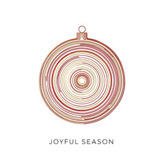 A red and gold striped Christmas ornament with a loop at the top on a white background with the words JOYFUL SEASON below.