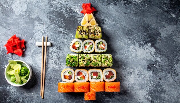 Christmas tree made of sushi 