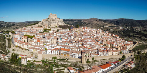 Morella Castle, perched atop the town, 13th century, Morella, province of Castellón, Valencian...