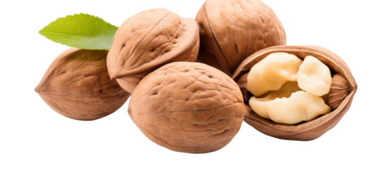 Group of fresh walnuts with one cracked open isolated on transparent background