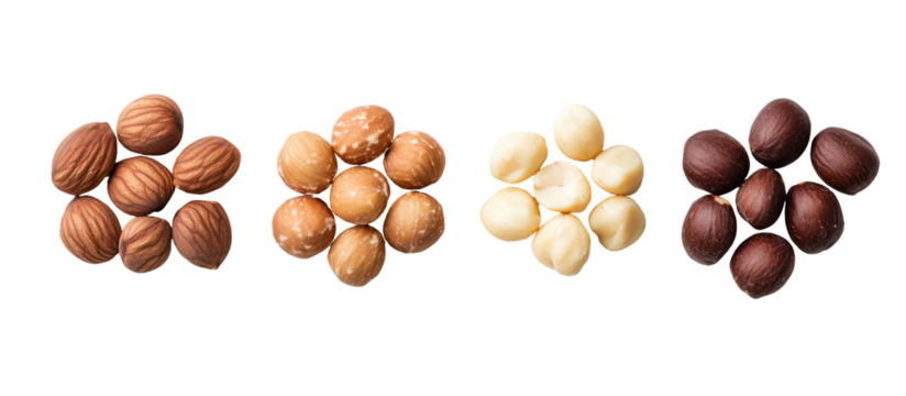 Four piles of assorted nuts isolated on transparent background