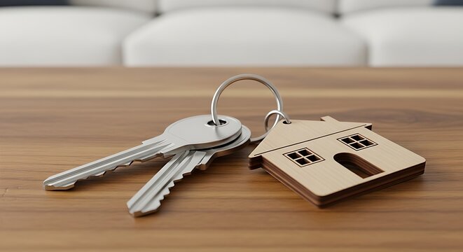 House keys with a house-shaped keychain on a wooden table, real estate concept