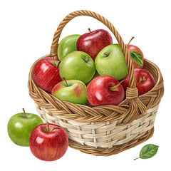 Ripe apples in a basket isolated on transparent background