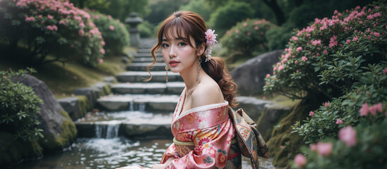 Beautiful young woman in colorful floral kimono with pink flower in hair, sitting gracefully near a small waterfall in a lush Japanese garden. Soft natural light, dreamy spring atmosphere