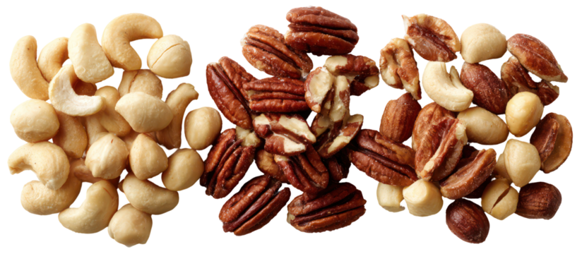 Three piles of assorted nuts including cashews pecans and macadamia nuts isolated on transparent background