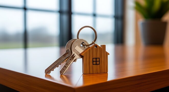 House keys with a wooden house-shaped keychain on a wooden table