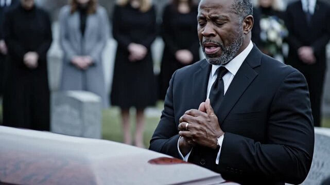 Crying african american woman next to coffin. Grief scene ritual. Sad mourner near casket. Concept of sorrow, mourning, and funeral.