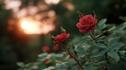 Vibrant red roses bloom in a lush garden during a warm soft sunset with a blurred bokeh background