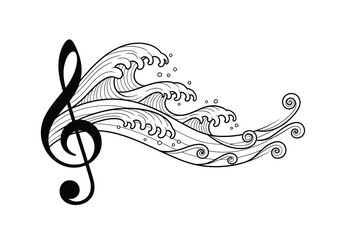 A treble clef merges with stylized, flowing ocean waves, creating a visual representation of musical harmony and nature's rhythm.