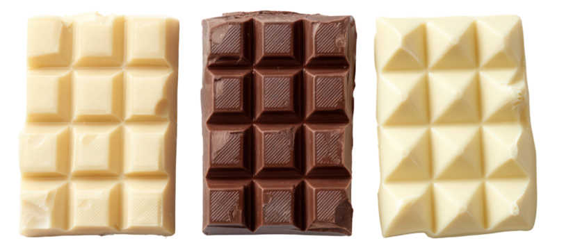 Three piles of milk ruby dark chocolate side by side overhead on transparent background