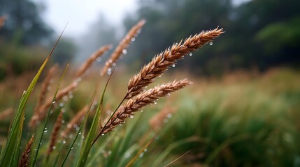 Obraz premium Close up view of tall grass stalks covered in sparkling dew droplets on a misty overcast morning in a natural meadow